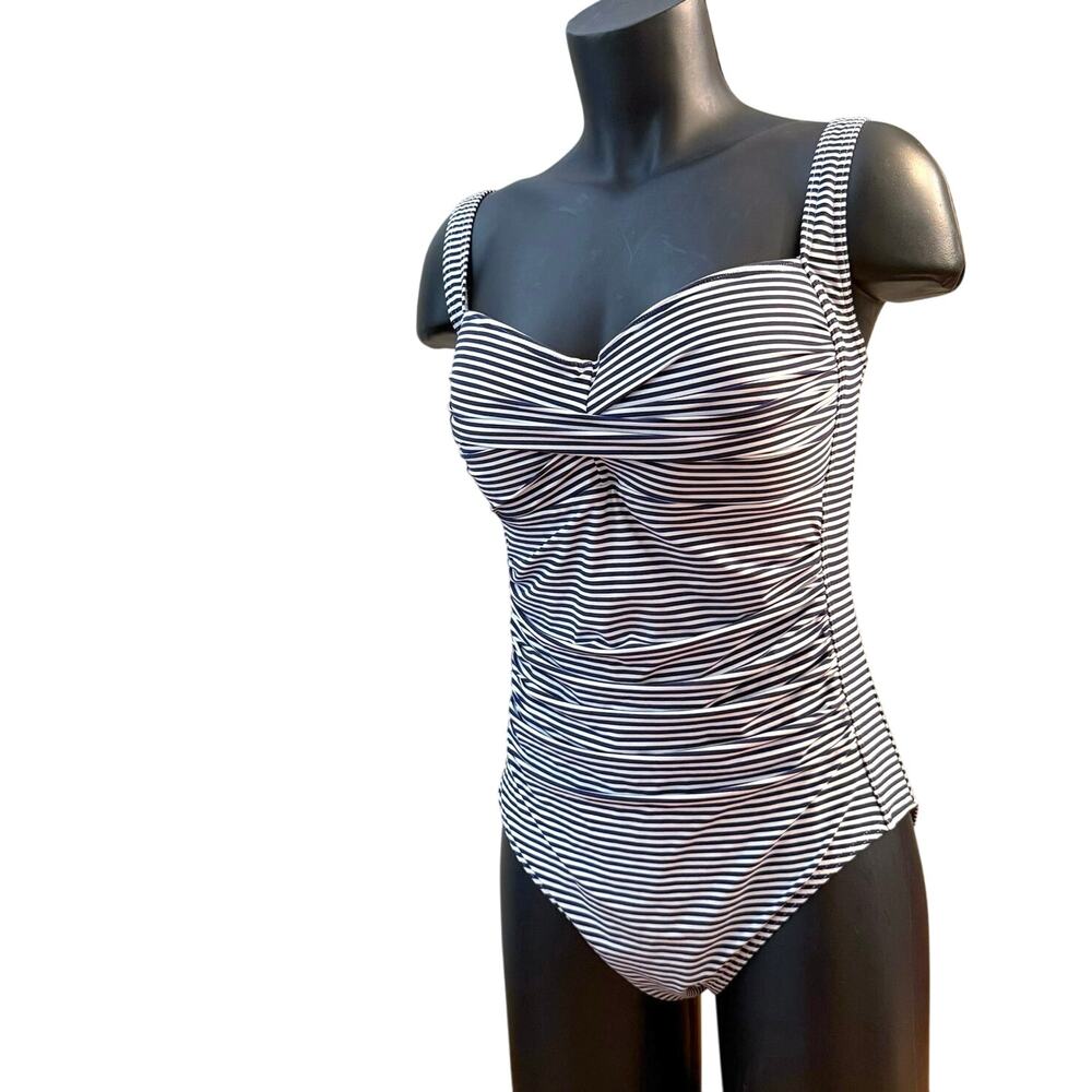 Bond-Eye Australia Swimsuit Size 10 D DD Stripe Blue White Slimming Rouched